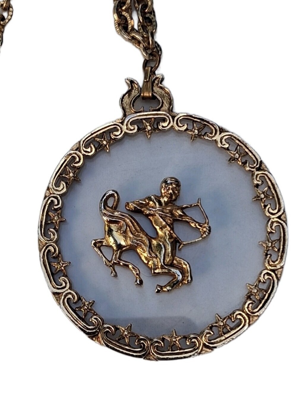 Vintage ART Stamped Sagittarius Zodiac Pendant Necklace Gold Clear Acrylic Star
